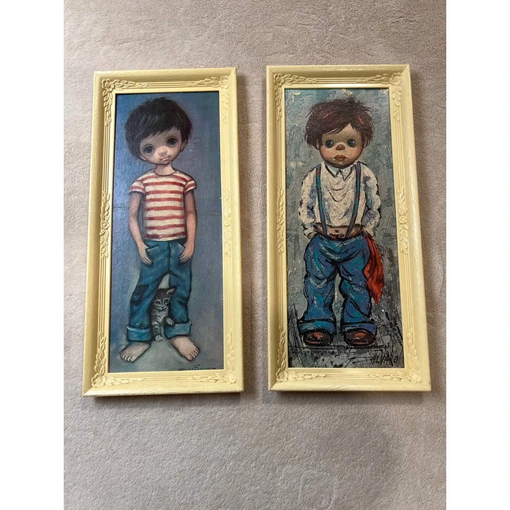 Ozz Franca Vintage Big Eye Boy Art Set 18x8 Cream Framed Alvaro and Franca MCM